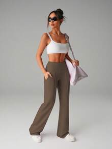 Women's High Waist Side Pocket Leggings, Casual Sporty Yoga Pants, Comfortable Fitness Bottoms, Perfect For Gym And Daily Wear - Brown - View 5