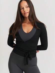 Women Ballet Wrap Top Long Sleeve Deep V Neck Cross Tie Workout Pilates Yoga Shirts Wrap Tie Crop Tops Sportswear Y2k Streetwear Slim Fitted Coquette Blouses - 黑色 - 查看 3