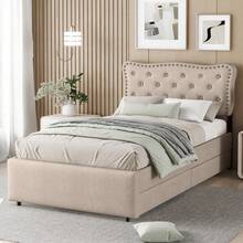 Flat Bed 90*200, Padded Bed, Bedside Table Cushion With Decorative Studs, Double Drawers, Light Beige Color - Beige Brown + MDF - View 7