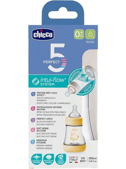 Chicco Perfect 5, Biberon Anticólico 150ml, Biberon Flujo Lento, 0 Meses+, Con Tetina de Silicona Suave, Biberon Biofuncional Con System Intui-Flow, Beige, Neutro