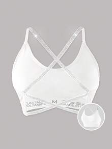 LianShengFa 1pc Seamless Ribbed Criss-Cross Strap Racerback High-Impact Sports Bra, Removable Pads, Soft Breathable Yoga Crop Top, Shiny - White - View 2