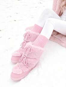 Knee High Boots For Women,Fuzzy Flat Round Toe Rhinestone Lace-Up Slip On Warm Shoes Winter Outdoor Party Chirstmas And Halloween Snow Boots - 粉色 - 查看 6