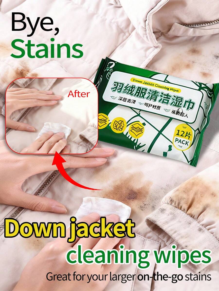 12pcs Feather Down Jacket Cleaning Wet Wipes, Effective Stain Removal Wet Wipes, Travel Portable Pack, Gentle & Skin-Friendly, Suitable For Multiple Surfaces