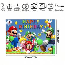 马里奥主题挂毯 - 生日主题背景，卡通人物图案 - 生日派对装饰、节日装饰、主题派对装饰、摄影棚道具 - 多种尺寸可选 - 彩色 - 查看 11