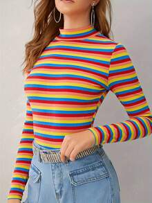Women's Casual Long-Sleeved Colorful Striped Round-Neck T-Shirt - Regular Fit, Elegant Style, Comfortable For All Seasons, Vibrant Rainbow Pattern Design, Women's T-Shirt, Christmas Gift, - 彩色 - 查看 5