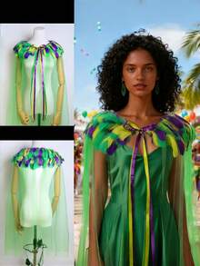 Ensemble de costume de carnaval - Masque de mascarade en plumes et jupe en tulle vert avec ceinture en plumes, masque en plumes pour femme, ensemble de demi-masque en dentelle dégradé, masque de mascarade, accessoires de costume d'Halloween, accessoires de robe de fête - Multicolore - Voir 2