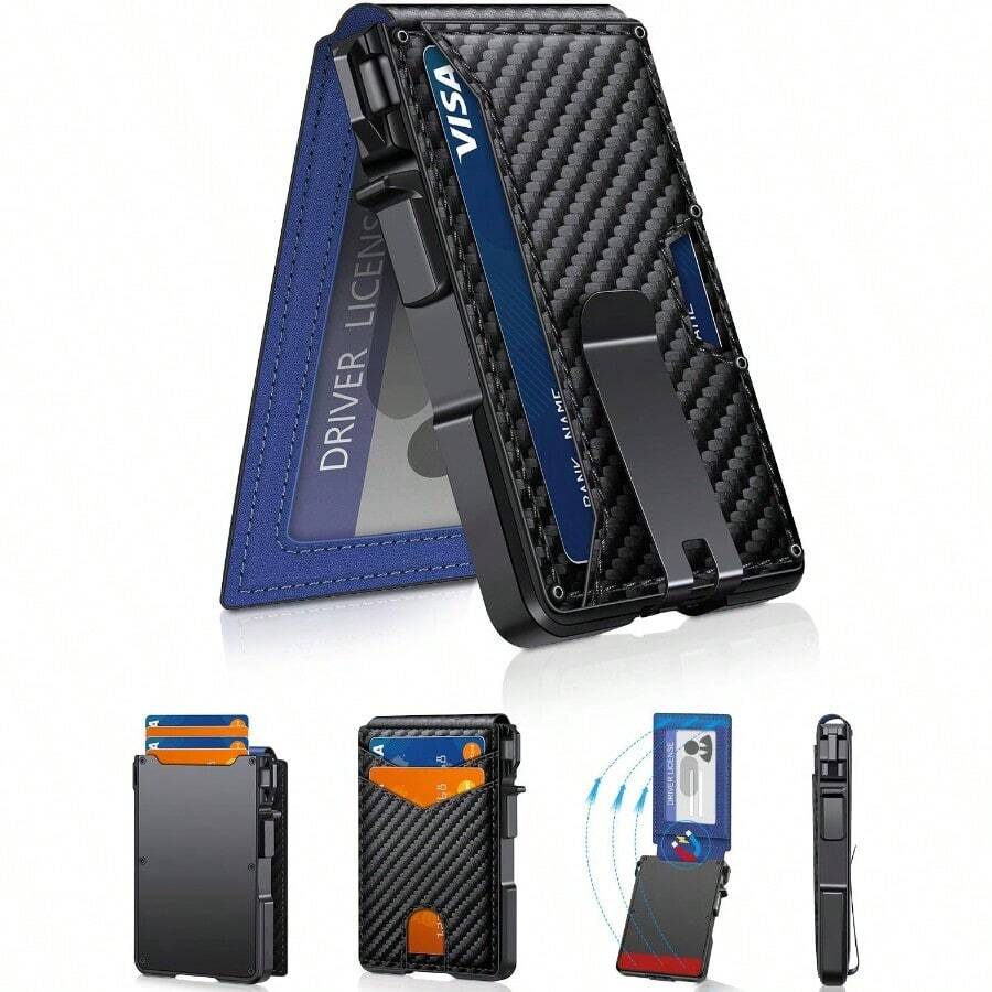 Wallet For Men Mens Minimalist Wallet 9-13 Cards Slim Compact Wallet With Money Clip And ID Window RFID Blocking Smart Pop Up Card Wallet Metal Aluminum Credit Card Holder Bifold Wallet - Sợi Carbon & Xanh lam - Xem 1