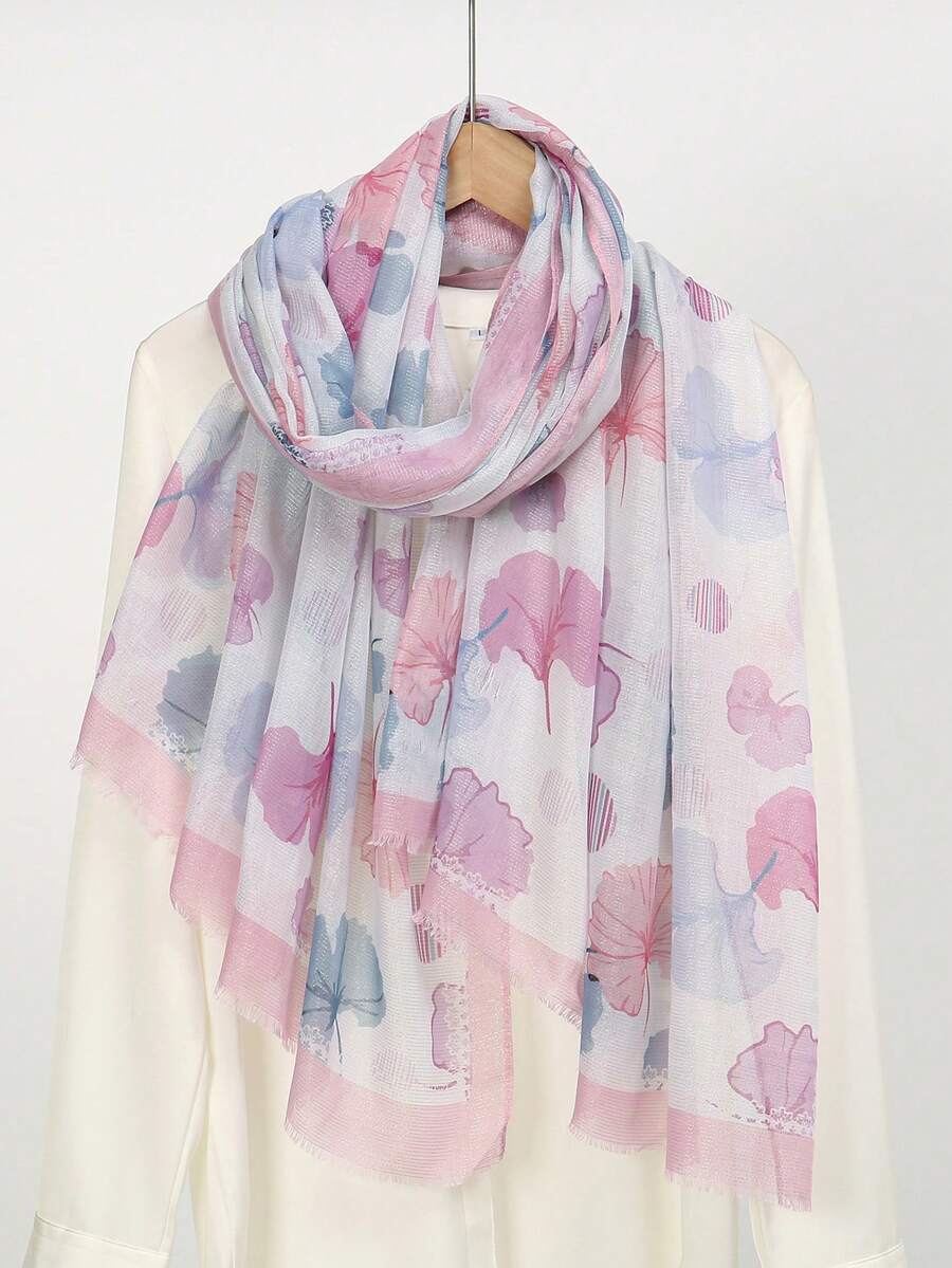 1 pieza Elegante bufanda casual ligera con estampado de hojas para mujeres - Multicolor - Ver 1