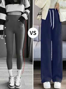 Plus Size Women's Warm Lining Wide Leg Slit Pants, Versatile Casual Straight Leg Trousers, Suitable For Autumn/Winter Season, Autumn Women Clothing - Navy Blue - View 6