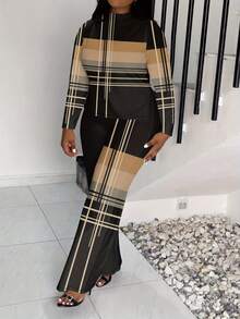 Women's Stylish Plaid Print Plus Size Long Sleeve Tee And Wide Leg Pants Two Piece Set Casual Knitted Co-Ords Outfit - 黃色 - 查看 4