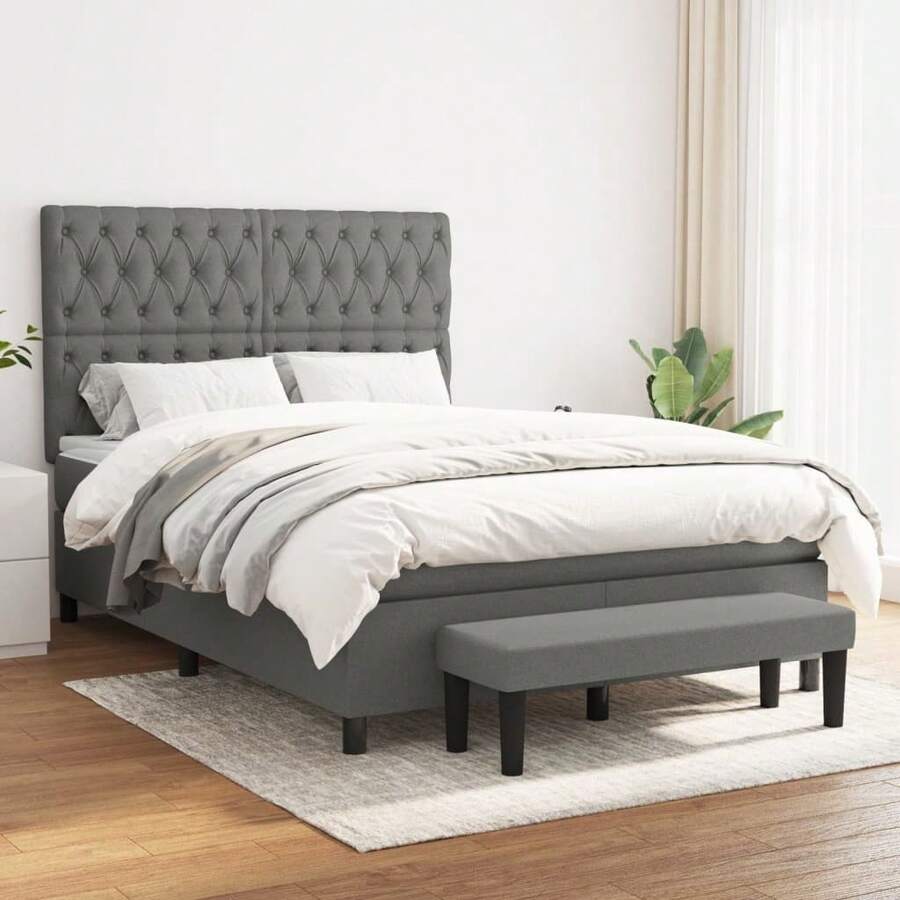 vidaXL Boxspringbett Mit Matratze, Dunkelgrau, 140x190 Cm, Stoff - Grey - View 1