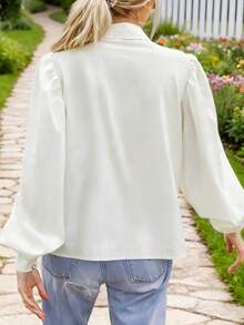 Plus Size Women Faux Pearl Button Puff Sleeve Top, Vintage Palace Style Lantern Sleeve Loose Blouse, Commuting & Date Wear Shirt Spring White - White - View 3