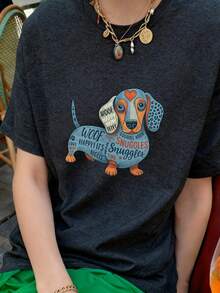 Women's Summer Casual Loose Fit Round Neck Short Sleeve T-Shirt, Cartoon Sausage Dog & English Letter Print, Chic Streetwear Style - Dark Grey - View 9