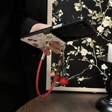 Korean Fresh Strawberry Flower Phone Case, Compatible With Samsung Galaxy ZFlip7, Z Flip6, ZFlip 5, Zflip6, With Cherry Pendant And Genuine Leather Lanyard, Shock-Resistant Back Cover - 白 - 查看 6