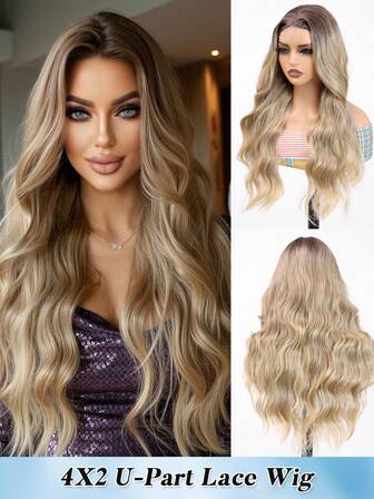 Long Wigs Body Wave Curly Wig 4*2 U-Part Lace Wigs Synthetic Wig With No Bangs, Ombre Hair, Breathable And Heat Resistant Wig, Ideal For Women's Daily Use (Ombre Golden,26 Inch) Daily Used Gifts For Women Christmas Decorations Christmas Gifts Costume Wig