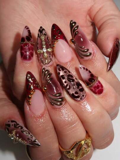 24片/套 Y2K 复古猫眼豹纹法式奢华 3D 立体十字镀金波纹仿珍珠装饰杏仁形美甲贴片，包含果冻胶和指甲锉，适合女孩/女士日常佩戴、户外活动、秋冬季嘉年华派对美甲用品