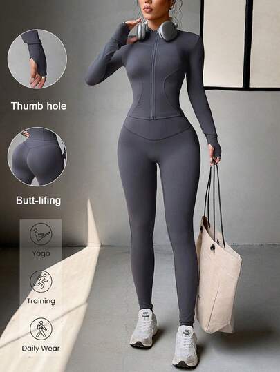 Ensemble 2 pièces pour femmes Aoqta, veste zippée à manches longues de couleur unie et pantalon de yoga ajusté pour les sports de plein air et la remise en forme, convient pour la course à pied et autres activités, printemps/été