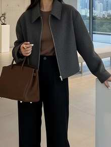 Women's Fashionable Simple And Versatile Commuting Zipper Woolen Coat Tops - Dark Grey - View 5