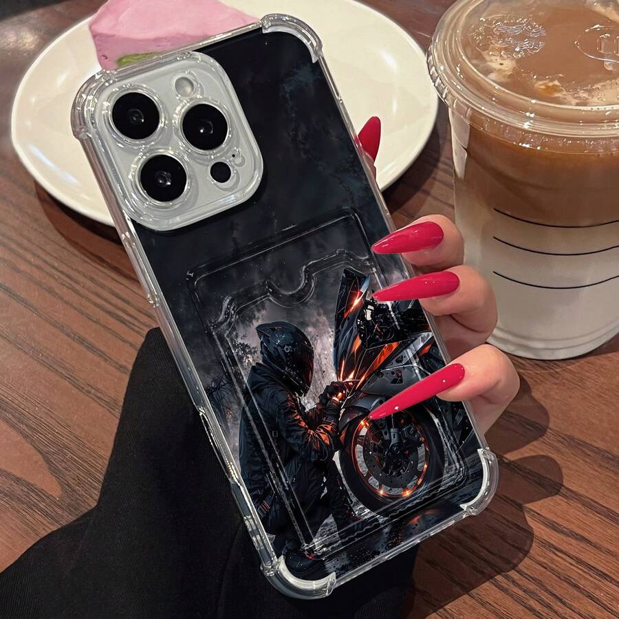 Funda antideslizante para teléfono con diseño de motociclista para aventuras nocturnas, fabricada en TPU. Compatible con teléfonos , 17, 16 Pro Max, 15 Pro Max, 13 y 12. Fabricada en TPU, ofrece protección contra golpes y caídas. Un regalo ideal para familiares, amigos, seres queridos, parejas y Navidad. - transparente - Ver 1