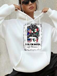 Winter Clothes For WomenGraphic Oversized Hoodies Sweatshirts For Women, Black White Options Long Sleeve Pocket Pullover, Sweatshirts, American And Mexican Flag Hair Bow And Glasses Fall Fashion 2025 Pullover, Letter Print Winter Clothes, Suitable For Parties, Door Activities, And Leisure, Gift For Women,Long Sleeve Tops Graduation,Back To School Fits,Graduation,Teacher Fits For Women,Back To School Pullover Fall FitLoose And Comfortablesudaderas De Mujer - trắng - Xem 1