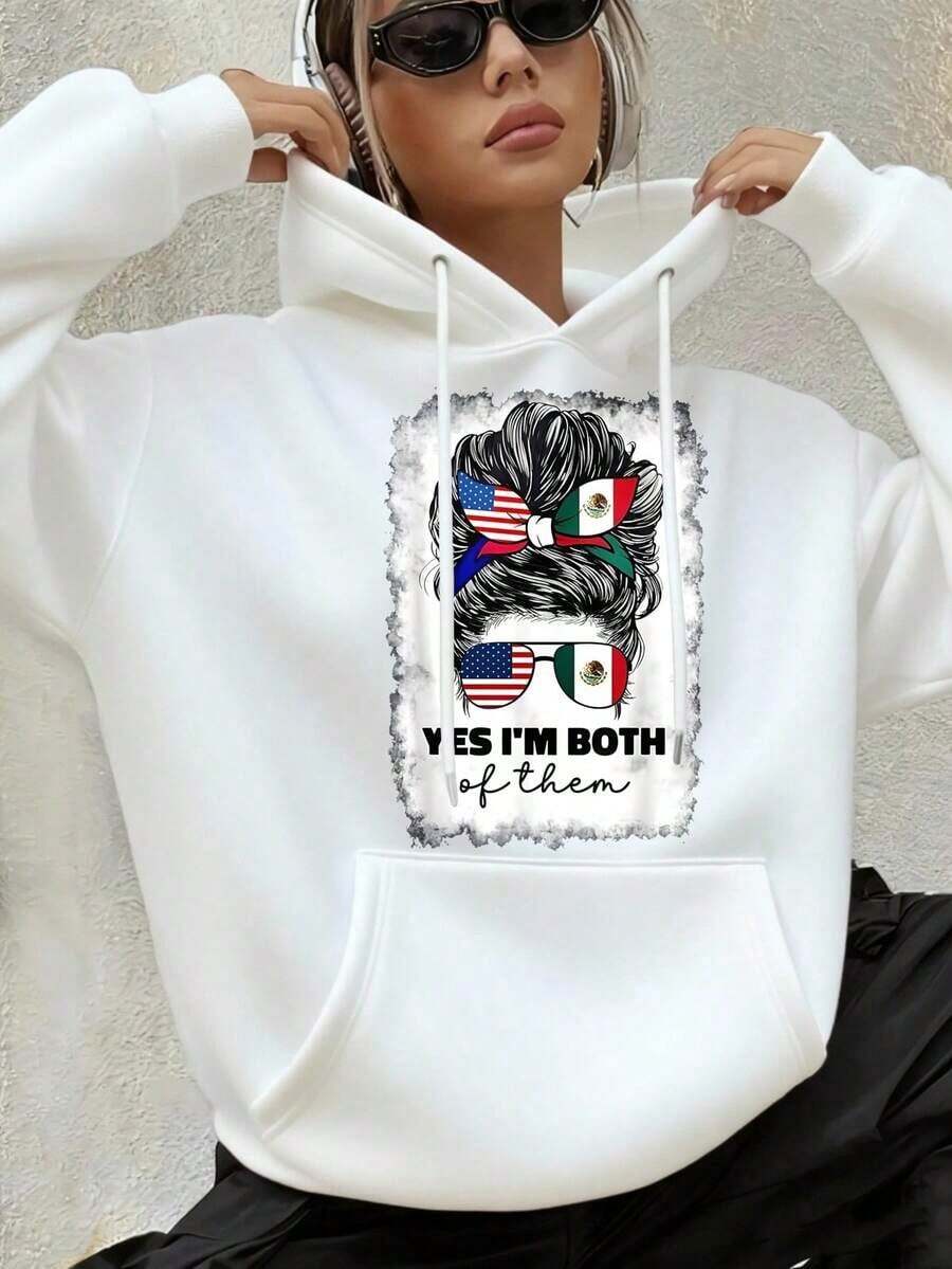 Winter Clothes For WomenGraphic Oversized Hoodies Sweatshirts For Women, Black White Options Long Sleeve Pocket Pullover, Sweatshirts, American And Mexican Flag Hair Bow And Glasses Fall Fashion 2025 Pullover, Letter Print Winter Clothes, Suitable For Parties, Door Activities, And Leisure, Gift For Women,Long Sleeve Tops Graduation,Back To School Fits,Graduation,Teacher Fits For Women,Back To School Pullover Fall FitLoose And Comfortablesudaderas De Mujer - trắng - Xem 1