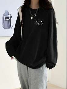 女式休闲笑脸印花超大长袖T恤上衣，百搭秋冬装 - 黑色 - 查看 1