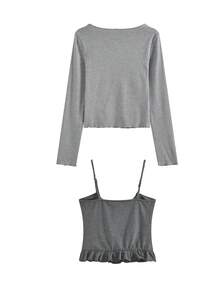 2件套韩式荷叶边波点吊带T恤，修身百搭 - 灰色 - 查看 4