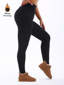 Women's Thermal Lined Black Leggings, European And American Fashion Casual Minimalist Line Pattern All-Over Print, Elegant Stretchy Skinny Pants For Home, Workout, Yoga, Gym, Running, Outdoor Walking, Party, Gift - Simple Black - View 4