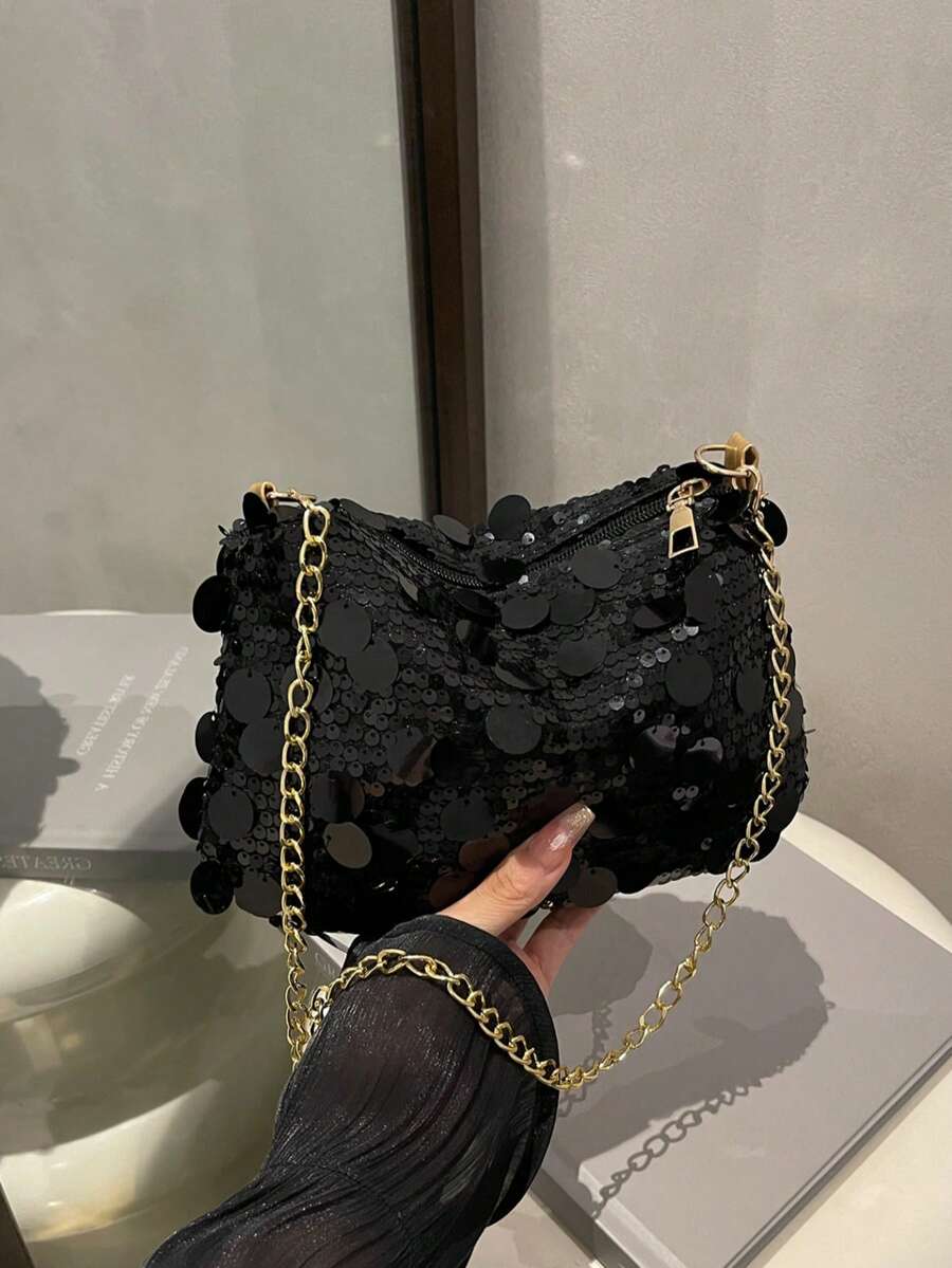 1个亮片单肩包，时尚斜挎包，女士晚宴手拿包，适合派对和日常使用 - 黑色 - 查看 1