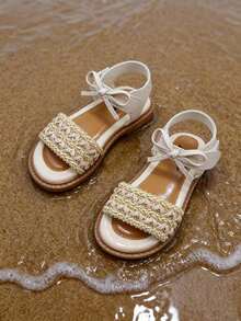 2025 Summer New Arrival 1 Pair For 3-12 Years Old Girls, Beige Woven Strap Metal Decor, PU Leather Anti-Slip Breathable, Lace-Up Low Top Flat Sole, Retro Sweet Sandals, For Summer Daily School Outdoor Trips Best Seller Of The Season - Beige - View 6