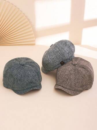 Șapcă octogonală bărbătească din amestec de lână cu model herringbone, 1 buc., stil retro pentru gentlemeni, cu boruri laterale, călduroasă, pentru ținute casual de toamnă/iarnă și fotografie stradală