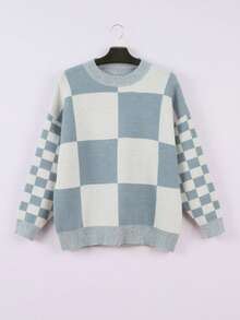 大码休闲格子图案套头毛衣 - 天藍色 - 查看 3