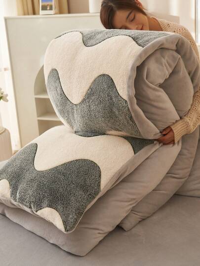 1件卡通波浪灰色印花牛奶绒仿毛皮被套，二合一被套（不含被芯），秋冬季保暖毯，适用于客厅、沙发、卧室、宿舍