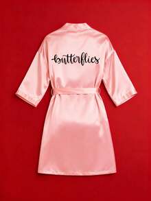 Customized Women's Pink Satin Robe, Personalized Bridal Kimono, Wedding Bridesmaid Valentine's Day Gift, Bridal Party Robes - Pink - View 2