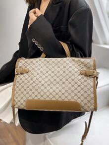 Designer Inspired Large Tote Bag For Women, Faux Leather Travel Handbag, Zipper Closure, Polyester Lining, Painted Edges, Classic Letter Pattern - Grey - View 7