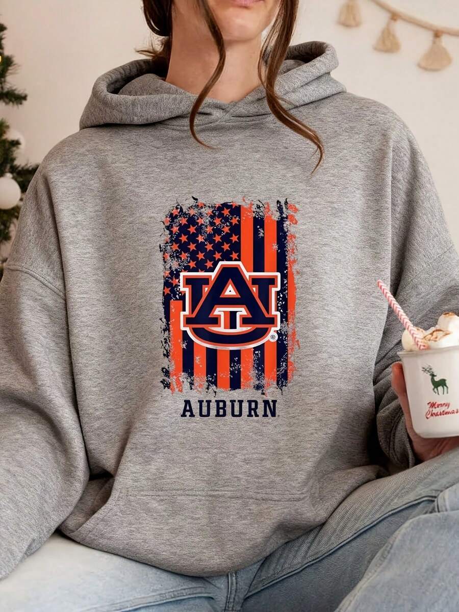 Women Hoodie With Auburn University Logo And American Flag Print Casual Wear For College Fans Comfortable Fabric Suitable As Gift - 灰色 - 查看 1