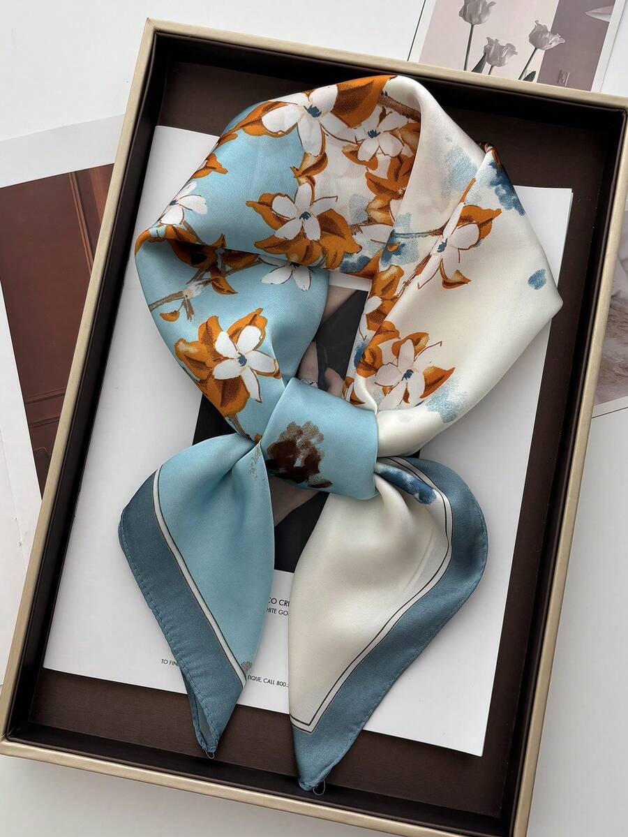 1件装女士优雅/复古时尚印花轻薄仿丝围巾/缎面方巾，可作头巾、颈巾、披肩。 - 藍白花 - 查看 1
