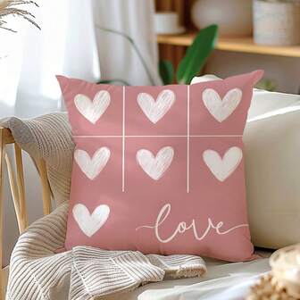 1pc Pink Background White Heart Graffiti Pattern Throw Pillow Cover, Single-Sided Printing, 45*45CM Soft Peach Velvet Material, Home Decor Cushion Cover For Living Room Sofa Bedroom, Daily Gathering Decoration, Valentine's Day Gift