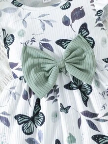 2件套幼儿圆领短袖蝴蝶印花和纯色罗纹简约可爱套装，春夏款