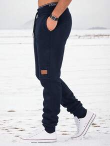 Men's Thickened Sweatpants, Fashionable Drawstring Waist, Cuffed Hem, Autumn/Winter - Royal Blue - View 3