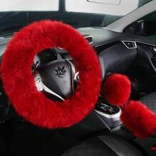 Fuzzy Genuine Sheepskin Steering Wheel Cover Set Women Parents-Fluffy Soft Australian Merino Wool Wrap With Gear Shift And Hand Brake Covers, Cozy Stylish Luxury Car Accessories (Orange) - 紅色 - 查看 9