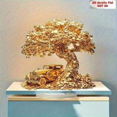 1件装 2D 水晶摇摆摇钱树雕塑，配复古汽车底座 - 励志金色亚克力桌面艺术品，多色家居办公装饰，春季、情人节和妇女节的理想之选，桌面装饰 | 摇钱树设计 | 亚克力艺术品，树形摆件