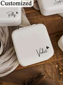 个性化心形首饰盒 - 可定制伴娘旅行收纳盒，可镌刻文字，适合求婚、婚礼及其他特殊场合，白色优雅设计，拉链封口，织物内衬，新娘派对礼物 | 经典设计 | 分隔式设计，伴娘礼物，首饰盒 - 彩色 - 查看 5