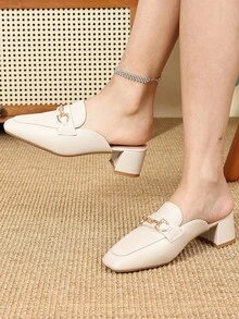 Women's Square Toe Chunky Heel Backless Mules, Fashion Comfortable Slip-On Loafers, Beige Plus Size, Casual Slide Shoes - Beige - View 3