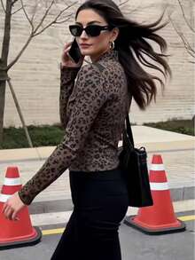 Fashionable Sexy Fitted Long Sleeve Leopard Print Women Jacket, Zipper Closure, Everyday Wear, Spring/Autumn - Brown - View 2