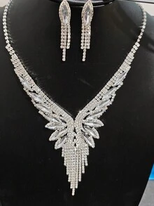 مجموعة مجوهرات فستان زفاف فاخرة للنساء، تتكون من قلادة ودرع أذن مرصعة بالراين ستون، إكسسوارات فستان رسمي لامع، قطعتان - فضي - مشاهدة 4