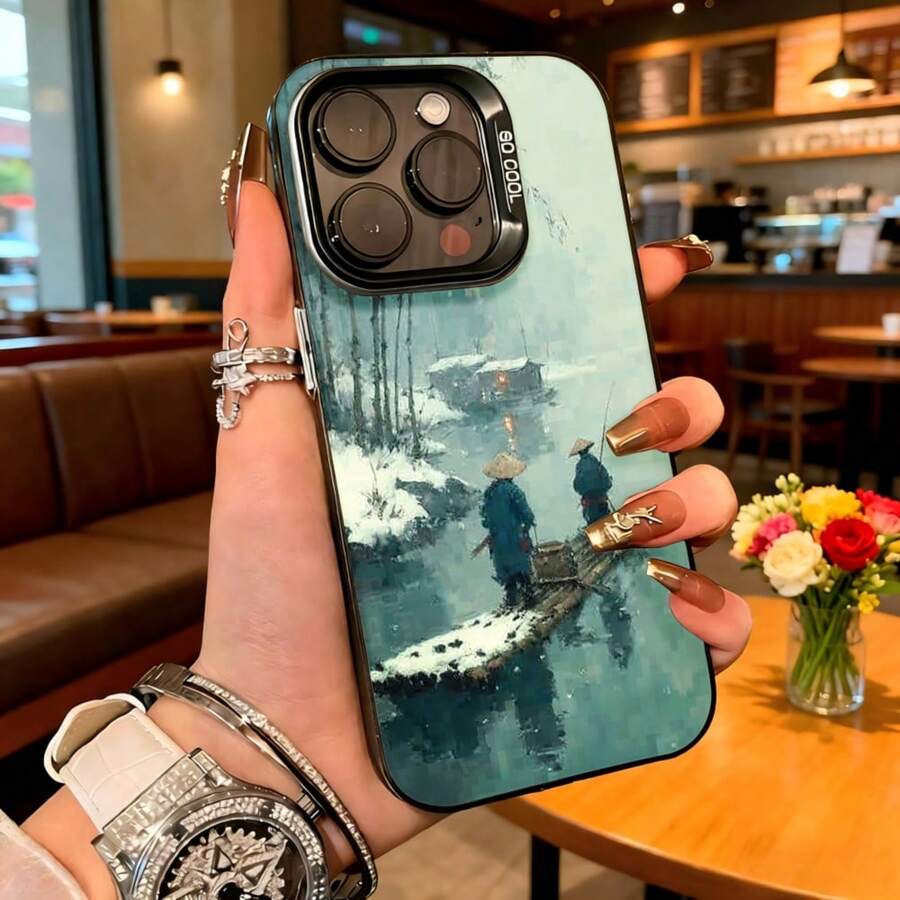 Cubierta de telefono con diseño de paisaje invernal azul con personas caminando sobre el hielo para iPhone 14 Pro Max adecuada para uso diario en cafeterias y salas de estar - Negro - Ver 1