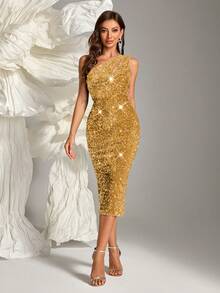 Đầm dạ hội lệch vai ôm sát, đính sequin lấp lánh, sang trọng, thích hợp cho đám cưới mùa xuân. - Vàng - Xem 6
