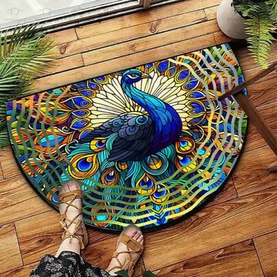 1pc Semicircle Peacock Colorful Pattern Decorative Doormat, Entrance Mat, Small Rug, Welcome Mat, Carpet, Outdoor Doormat, Kitchen Rug, Home Decor, Front Door Mat, Area Small Rug, Outdoor Mat, Home Decor, Area Rug, Garden Carpet, Washable Rug