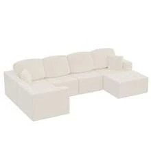 Devoko 126" U-Shape Sofa Bed With Deep Seat, Boneless Cloud Sofa With Pillows, High-Resilience Foam Corduroy  Sofa Chair For Living Room, White - 白色 - 查看 9